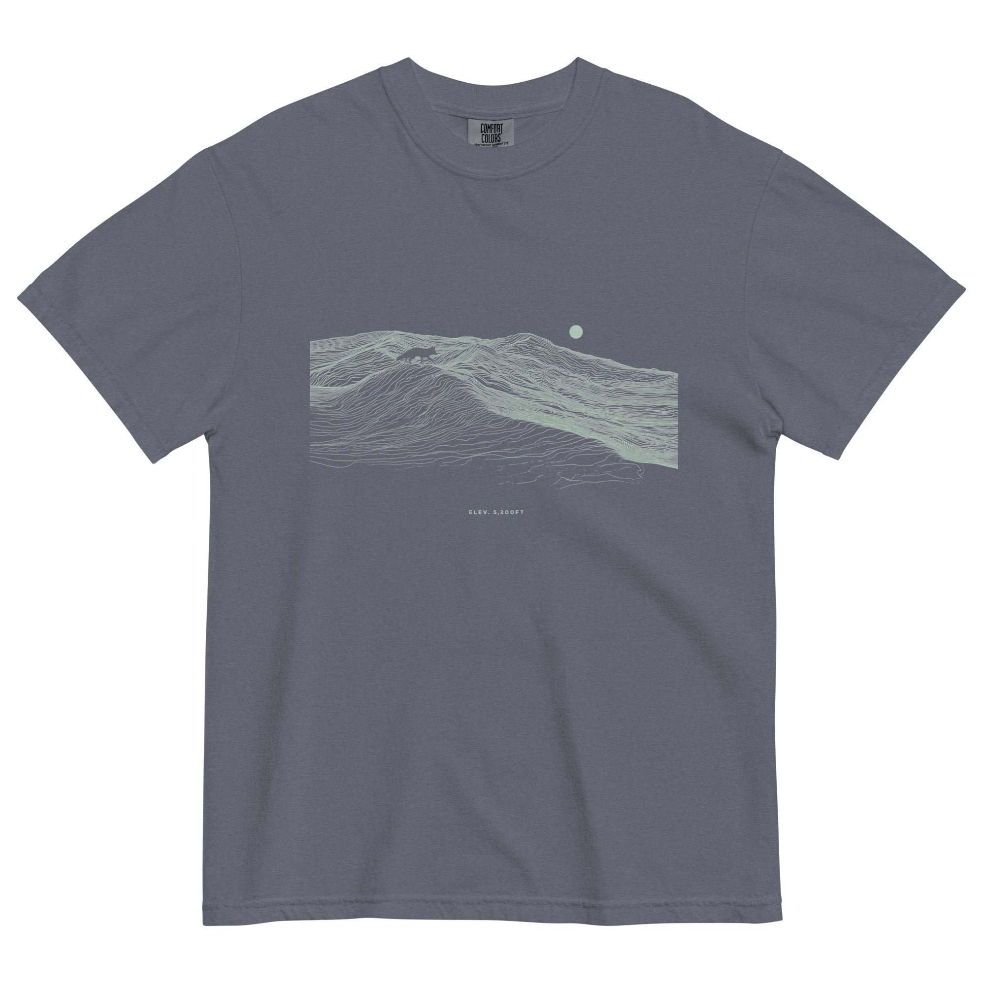 Fox on the ridge topographic design on a Denim garment-dyed cotton t-shirt