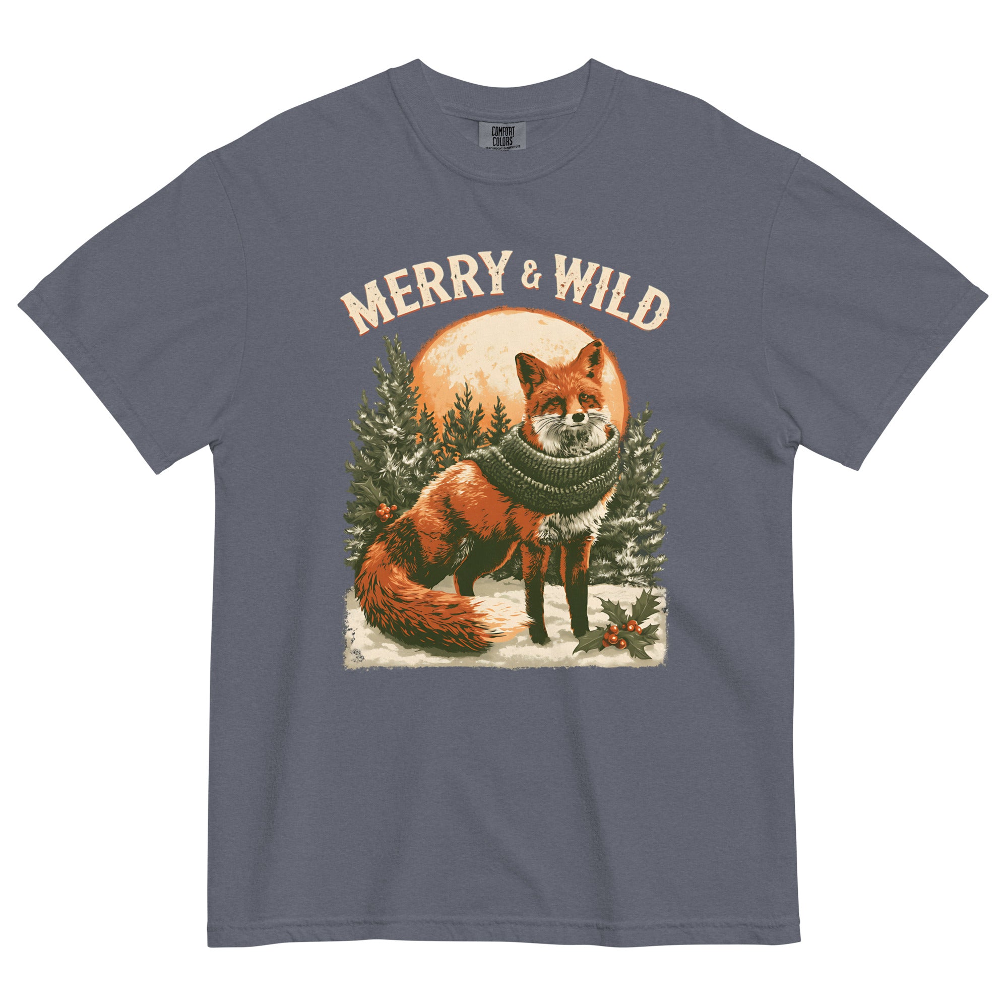 Fox in scarf Christmas design on a Denim garment-dyed cotton t-shirt