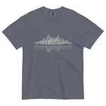 Mountain lake reflection design on a Denim garment-dyed cotton t-shirt