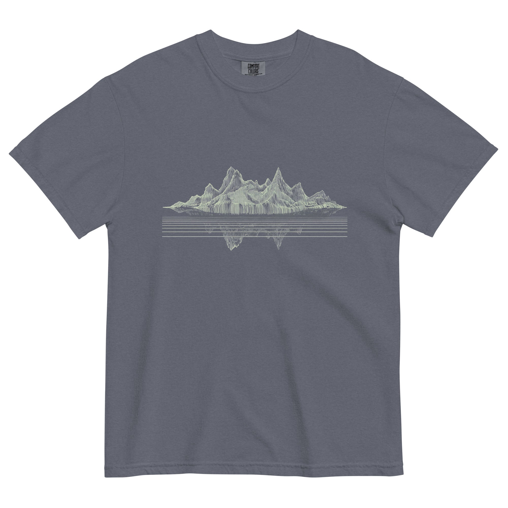 Mountain lake reflection design on a Denim garment-dyed cotton t-shirt