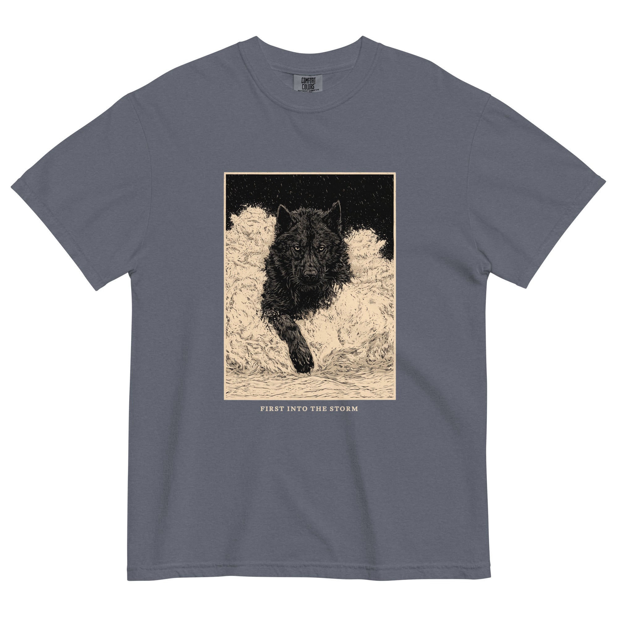 Black wolf in deep snow design on a Denim garment-dyed cotton t-shirt