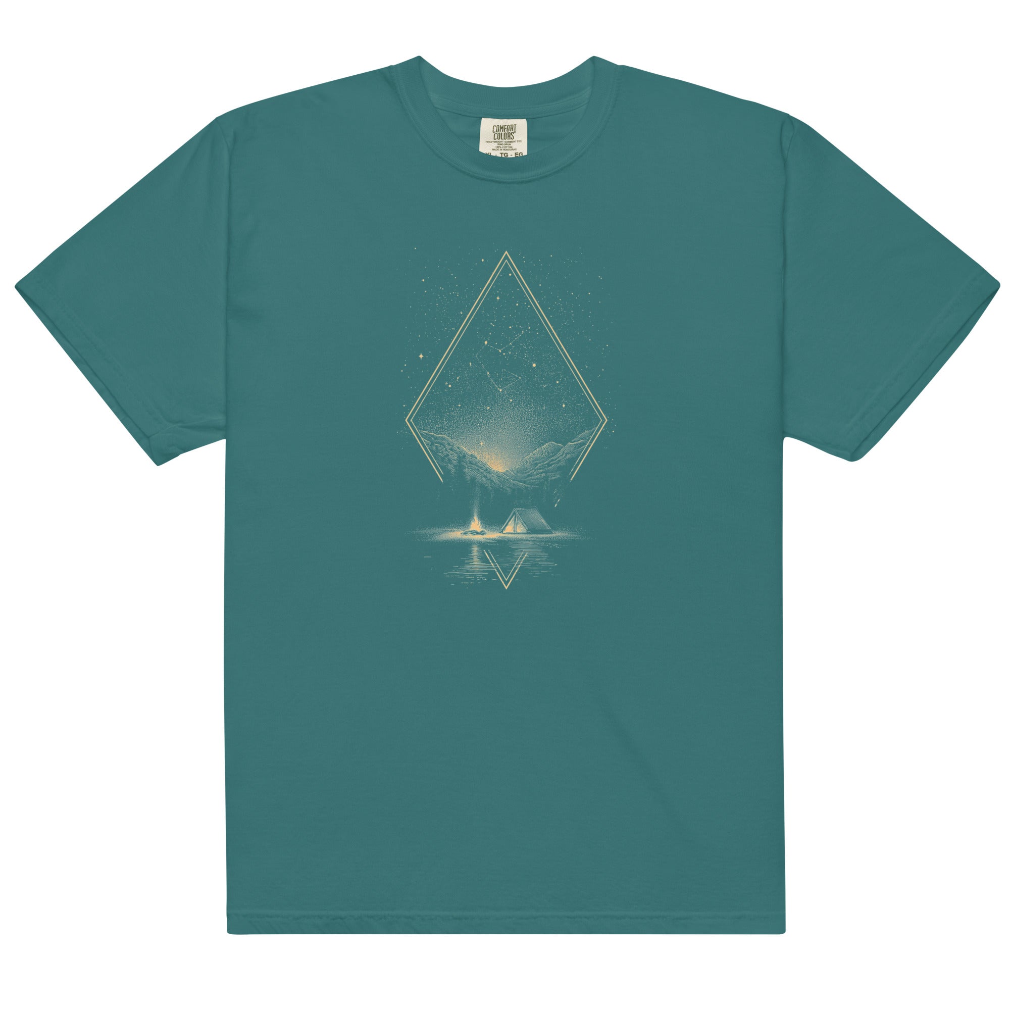 Camping under the stars design on an Emerald garment-dyed cotton t-shirt