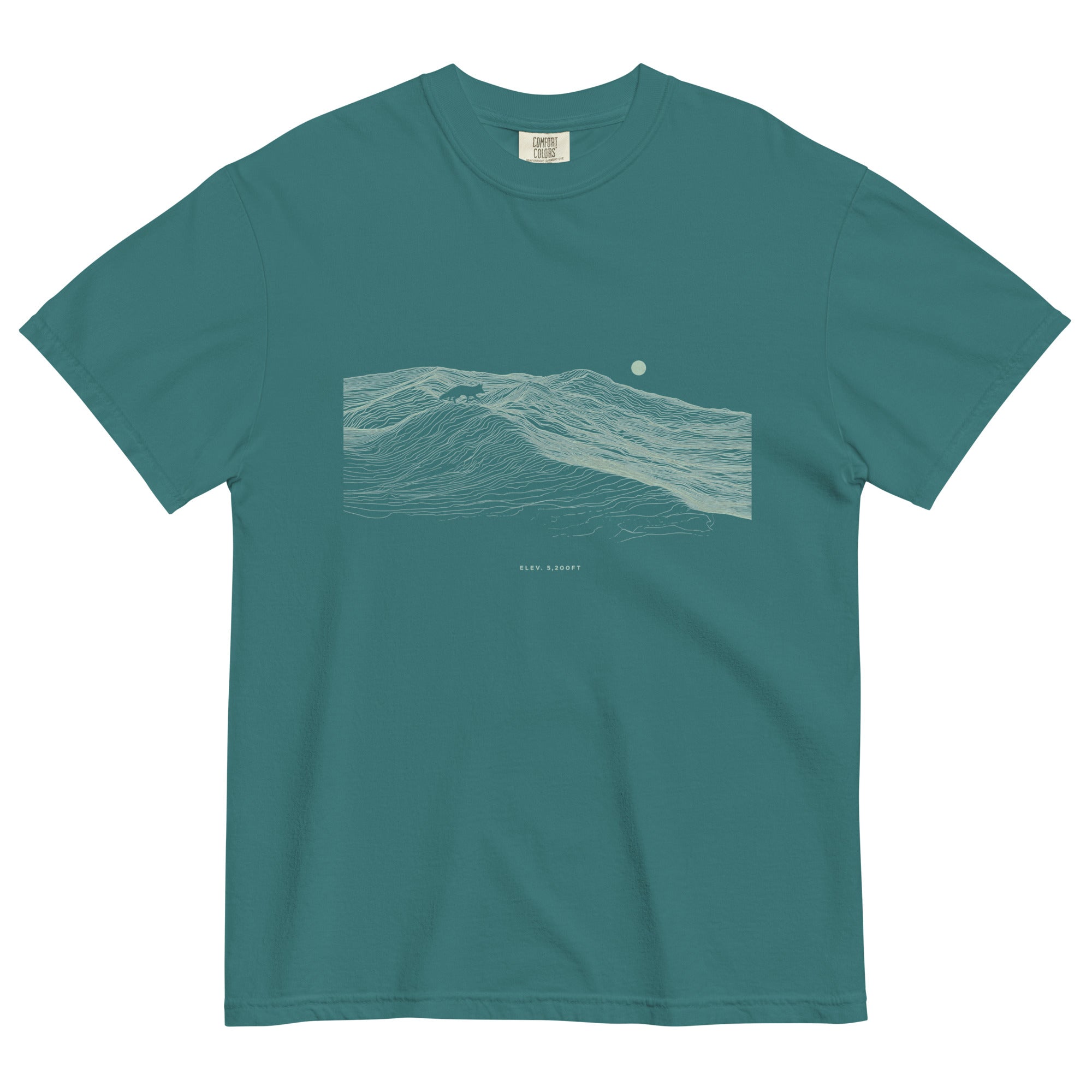 Fox on the ridge topographic design on an Emerald garment-dyed cotton t-shirt