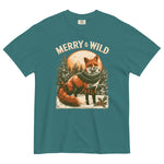 Fox in scarf Christmas design on an Emerald garment-dyed cotton t-shirt