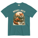 Fox in scarf Christmas design on an Emerald garment-dyed cotton t-shirt