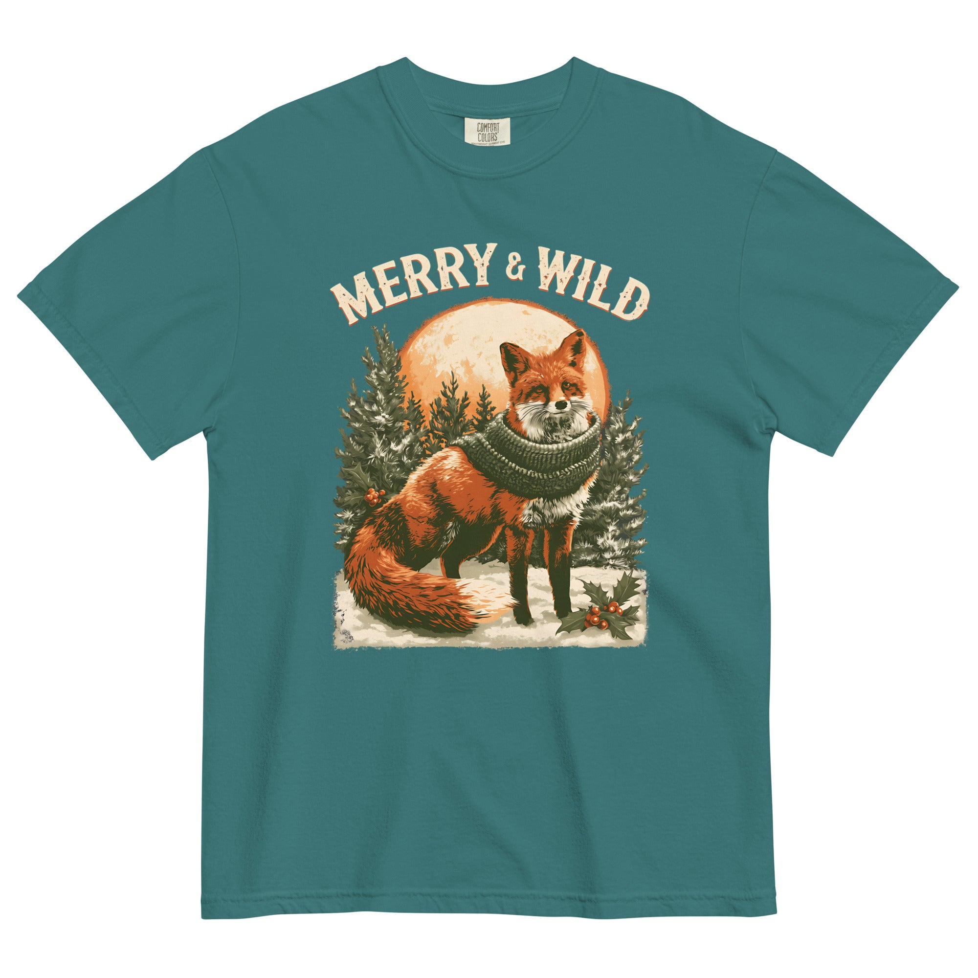 Fox in scarf Christmas design on an Emerald garment-dyed cotton t-shirt