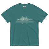 Mountain lake reflection design on an Emerald garment-dyed cotton t-shirt