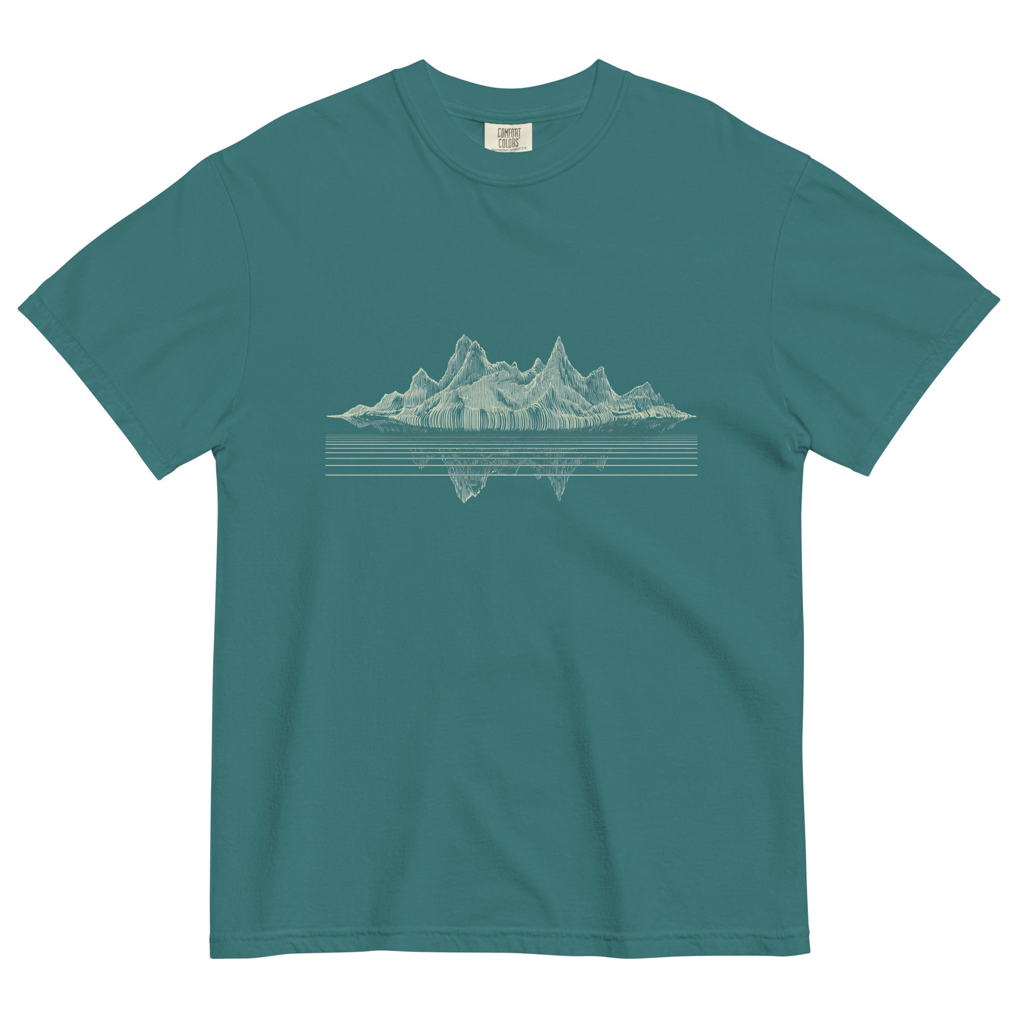 Mountain lake reflection design on an Emerald garment-dyed cotton t-shirt