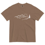 Mountain sunrise line design on an Espresso garment-dyed cotton t-shirt