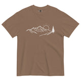 Mountain sunrise line design on an Espresso garment-dyed cotton t-shirt
