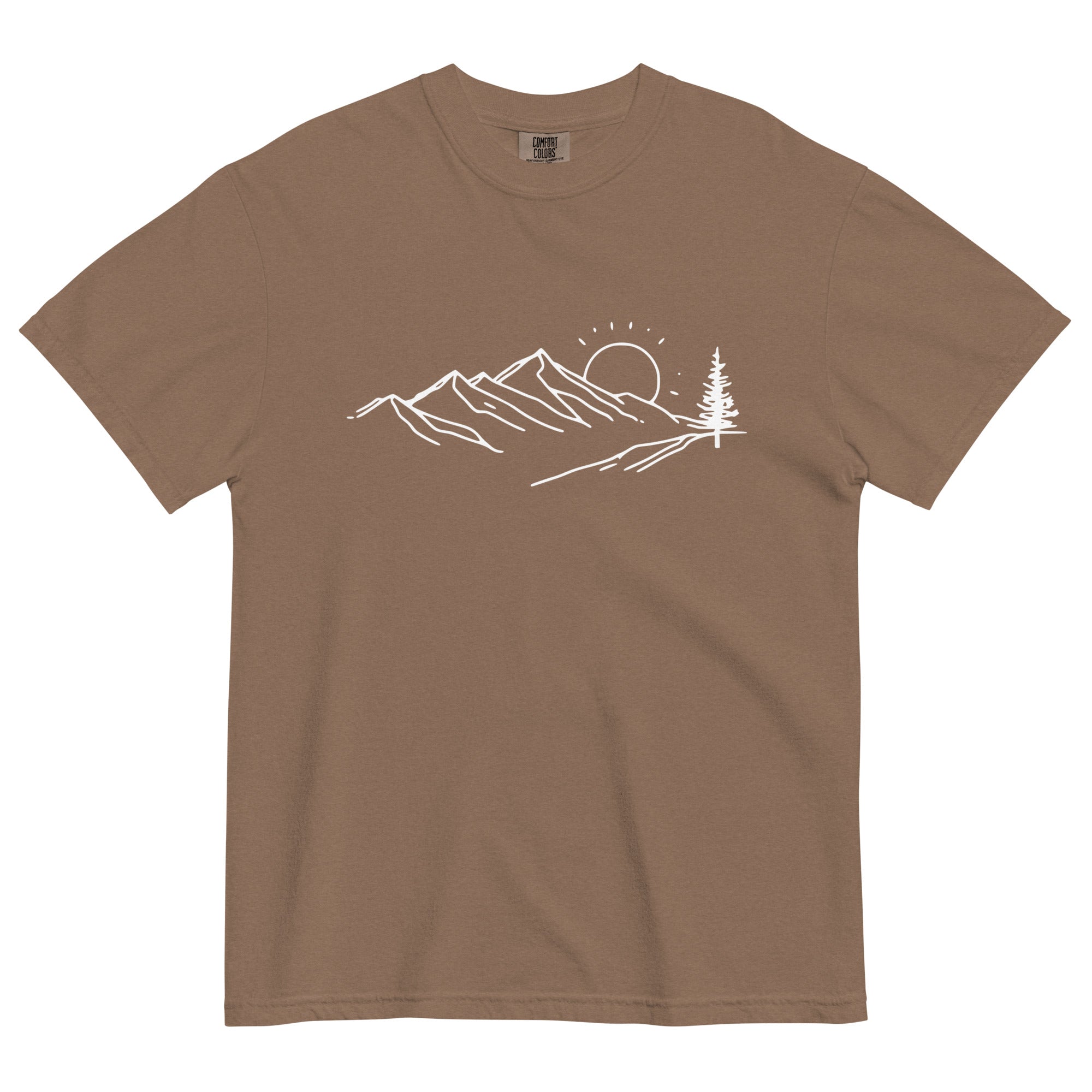 Mountain sunrise line design on an Espresso garment-dyed cotton t-shirt