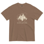 Mountain peaks and orbital rings design on an Espresso garment-dyed cotton t-shirt
