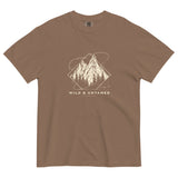 Mountain peaks and orbital rings design on an Espresso garment-dyed cotton t-shirt