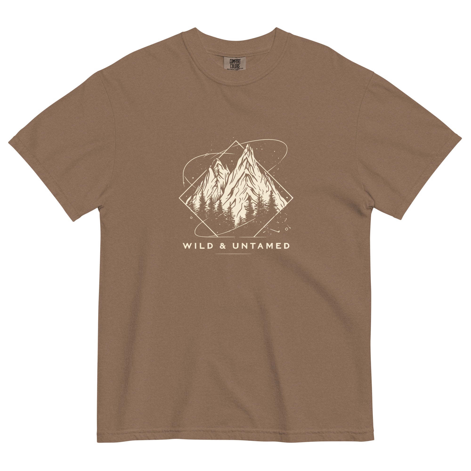 Mountain peaks and orbital rings design on an Espresso garment-dyed cotton t-shirt