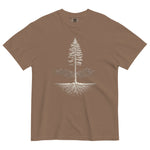 Pine tree and roots design on an Espresso garment-dyed cotton t-shirt