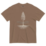 Pine tree and roots design on an Espresso garment-dyed cotton t-shirt