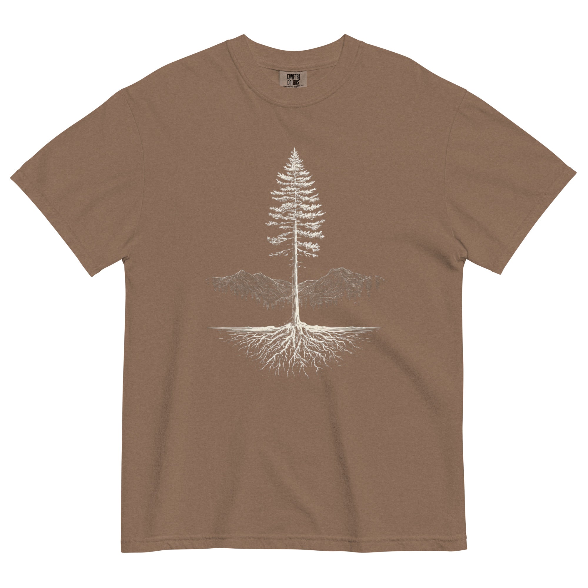 Pine tree and roots design on an Espresso garment-dyed cotton t-shirt