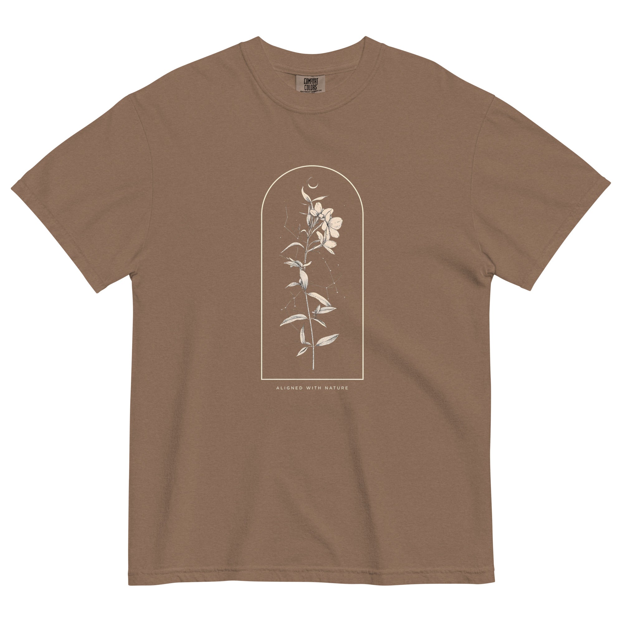Wildflower and constellation design on an Espresso garment-dyed cotton t-shirt