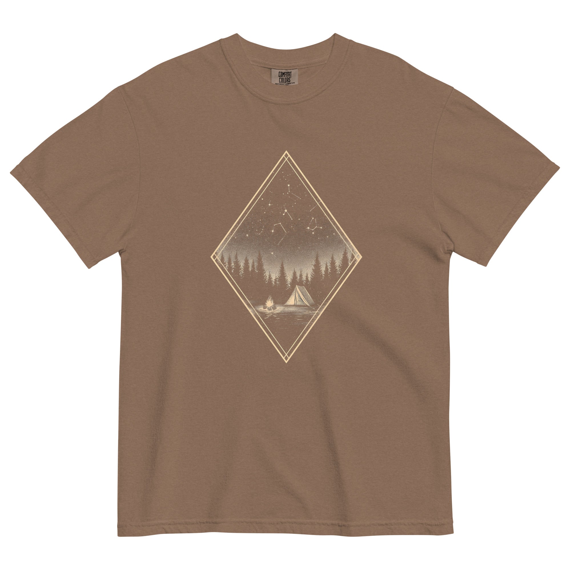 Camping tent and starfield design on an Espresso garment-dyed cotton t-shirt