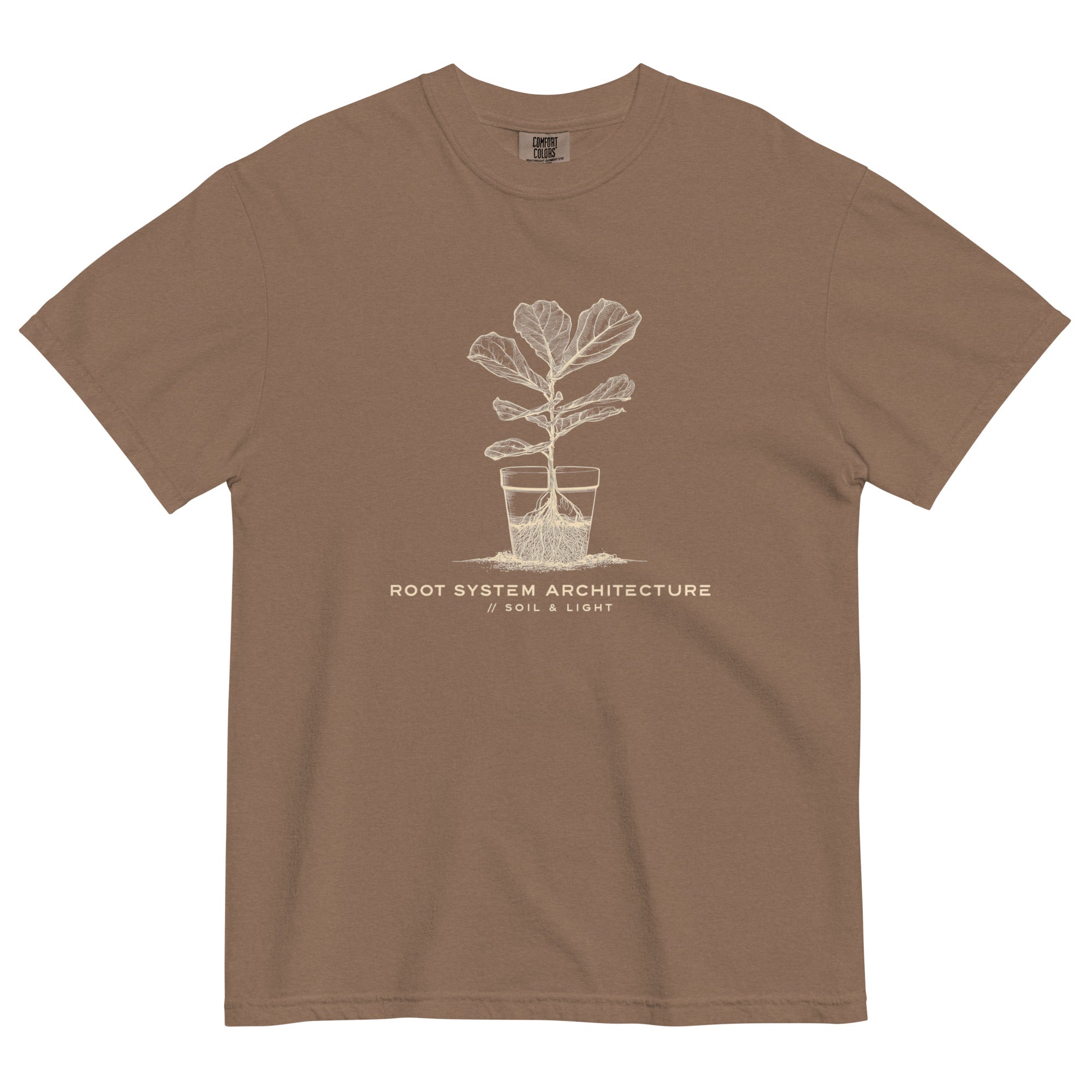 Root system architecture plant design on an Espresso garment-dyed cotton t-shirt
