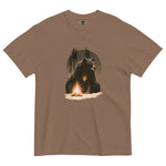 Bear and campfire design on an Espresso garment-dyed cotton t-shirt