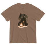 Bear and campfire design on an Espresso garment-dyed cotton t-shirt