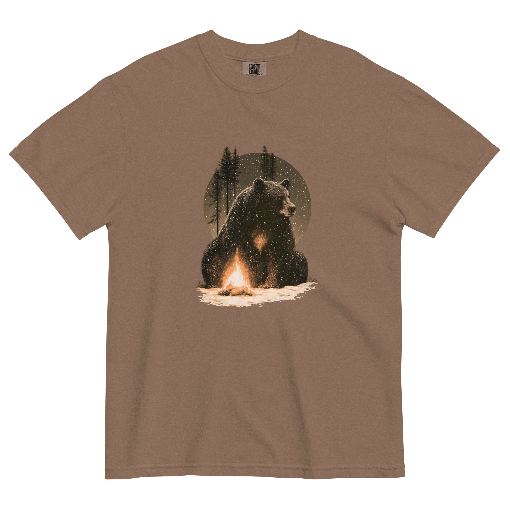 Bear and campfire design on an Espresso garment-dyed cotton t-shirt