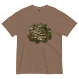 Kitten asleep in a Christmas wreath design on an Espresso garment-dyed cotton t-shirt
