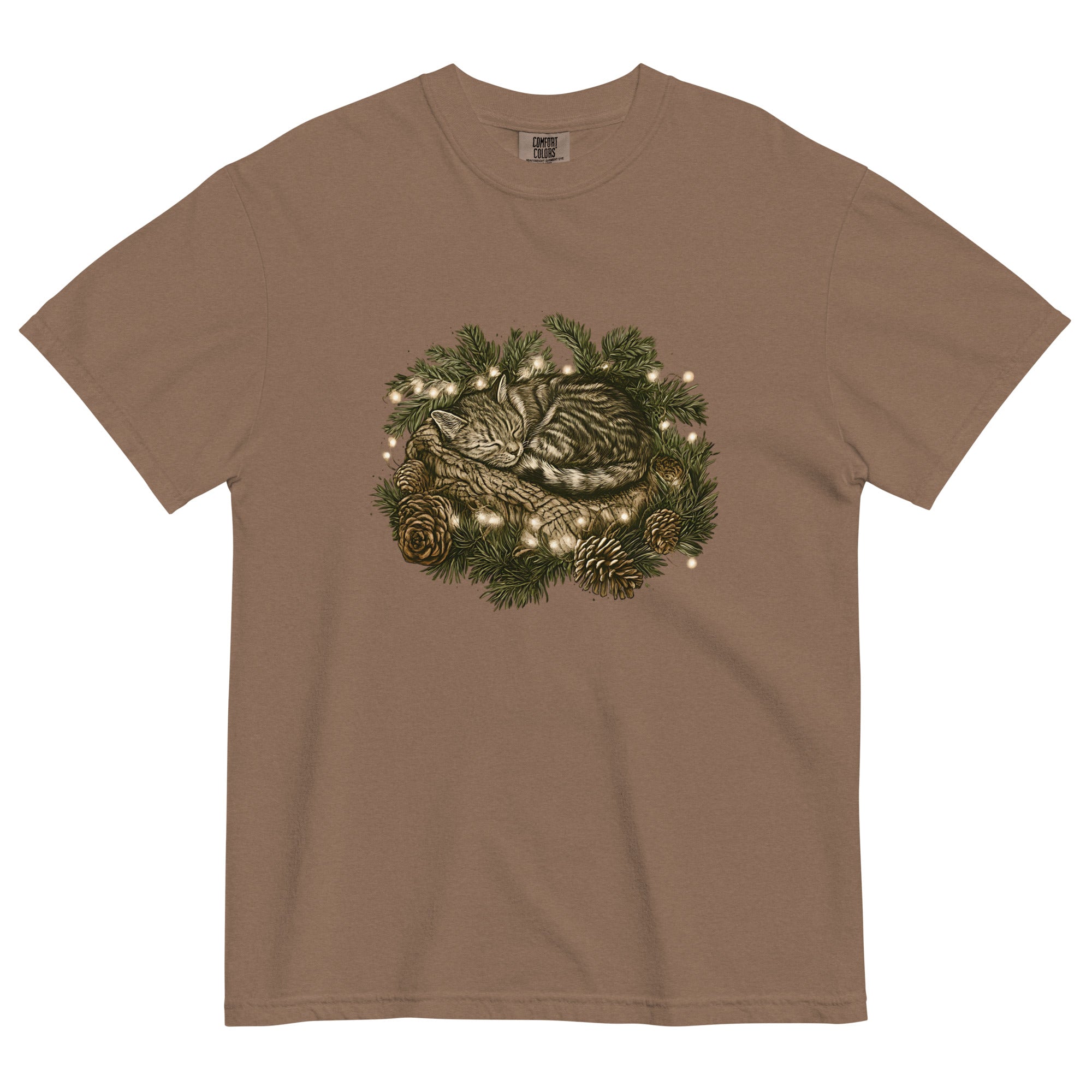 Kitten asleep in a Christmas wreath design on an Espresso garment-dyed cotton t-shirt