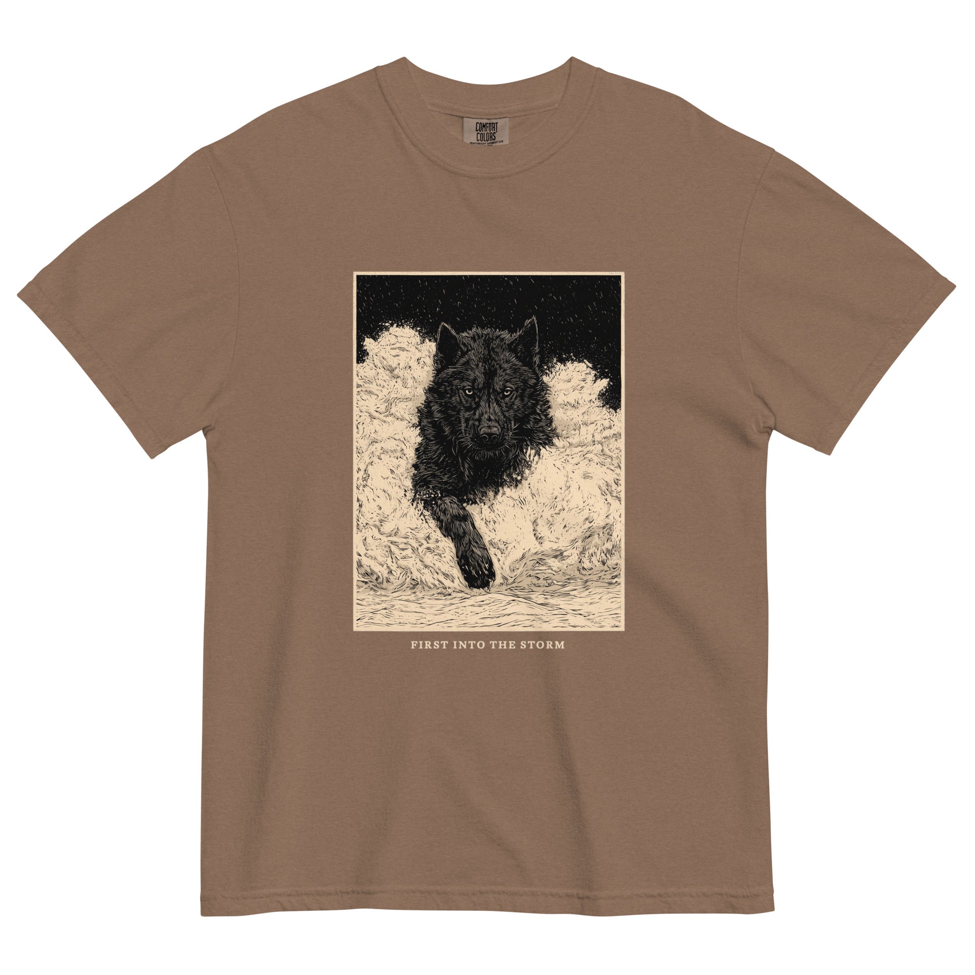 Black wolf in deep snow design on an Espresso garment-dyed cotton t-shirt