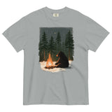 Black bear by a winter campfire design on a Granite garment-dyed cotton t-shirt