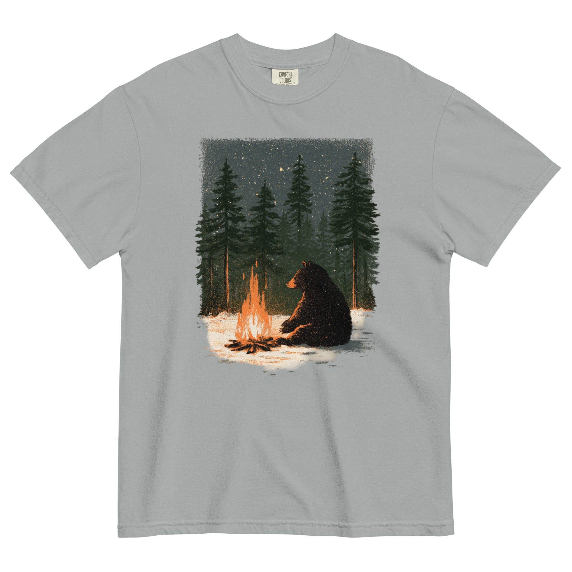 Black bear by a winter campfire design on a Granite garment-dyed cotton t-shirt