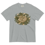 Fox asleep in a Christmas wreath design on a Granite garment-dyed cotton t-shirt