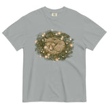 Fox asleep in a Christmas wreath design on a Granite garment-dyed cotton t-shirt