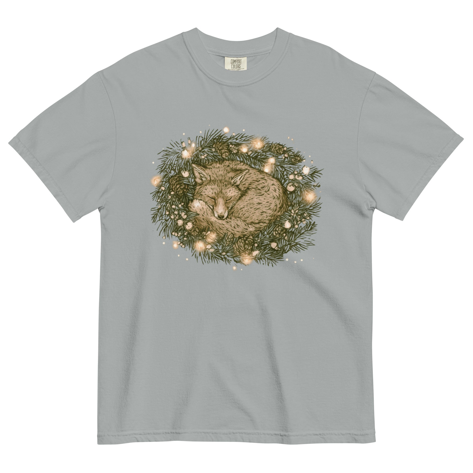 Fox asleep in a Christmas wreath design on a Granite garment-dyed cotton t-shirt