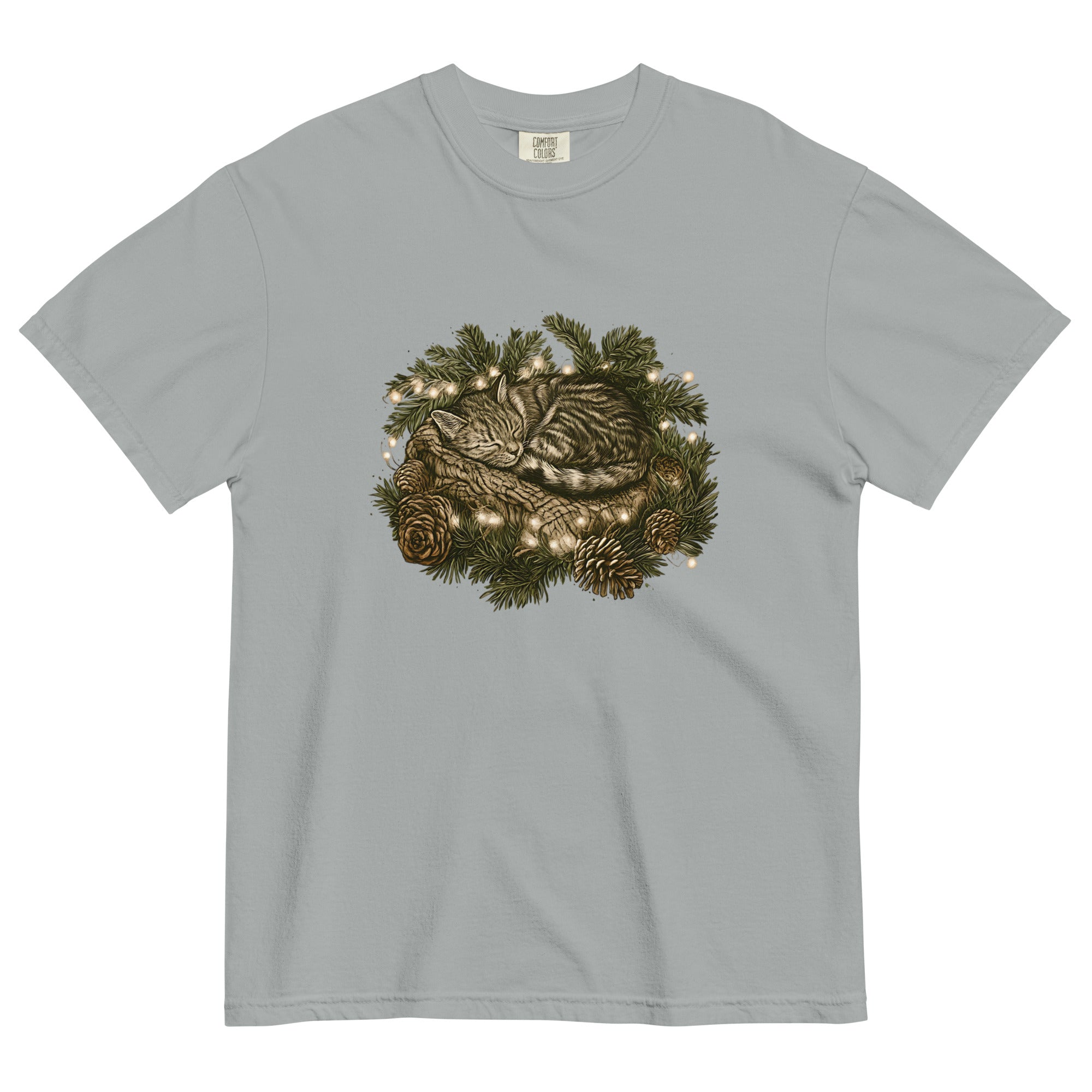 Kitten asleep in a Christmas wreath design on a Granite garment-dyed cotton t-shirt