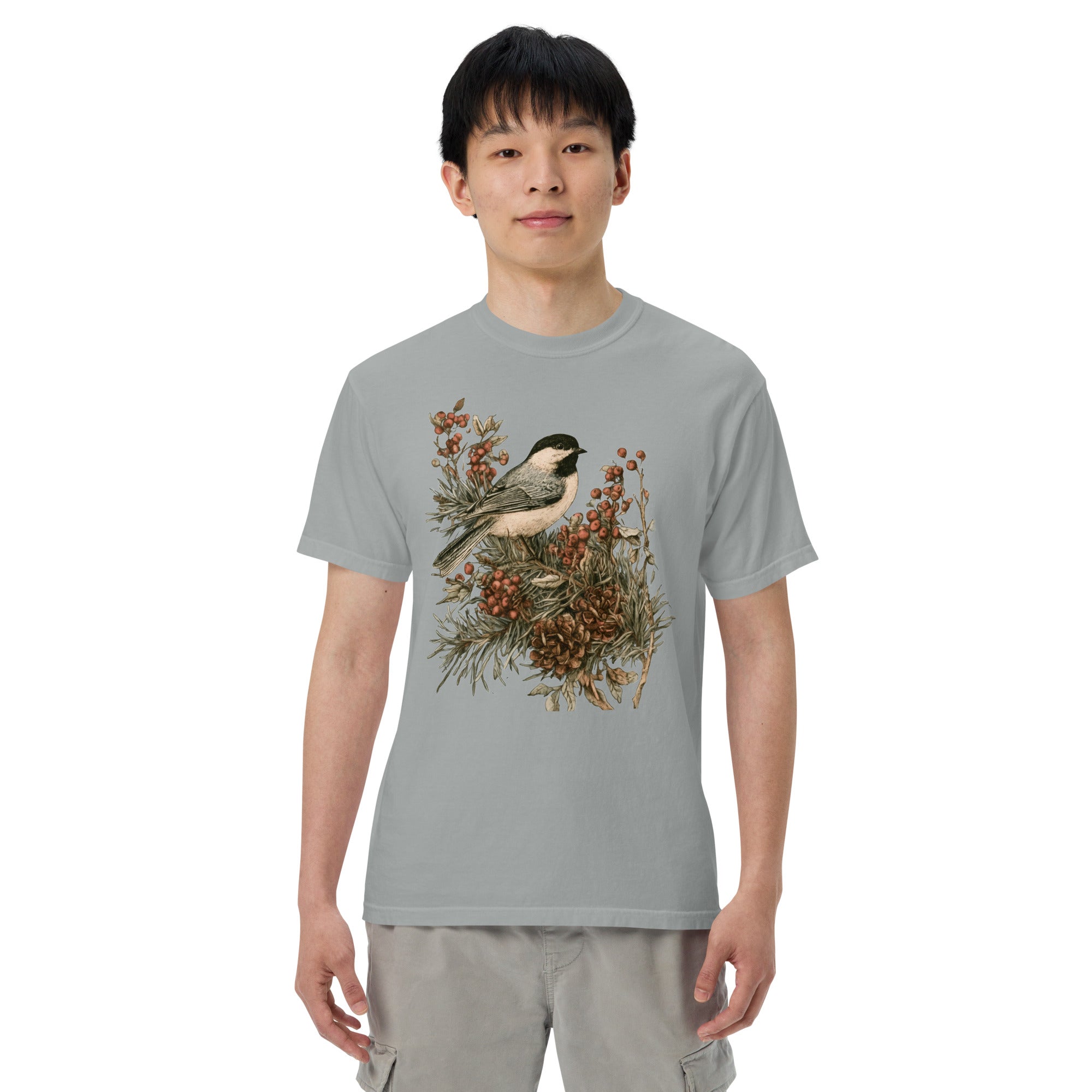 Chickadee and winter berries design on a Granite garment-dyed cotton t-shirt