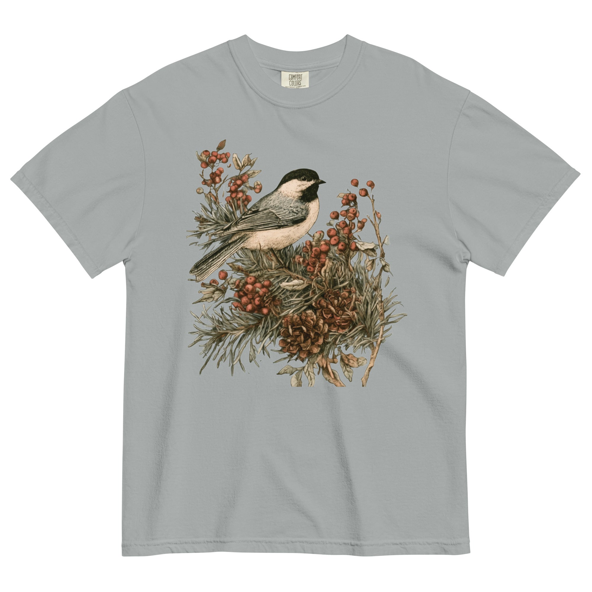 Chickadee and winter berries design on a Granite garment-dyed cotton t-shirt