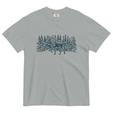 Moose in the winter woods design on a Granite garment-dyed cotton t-shirt