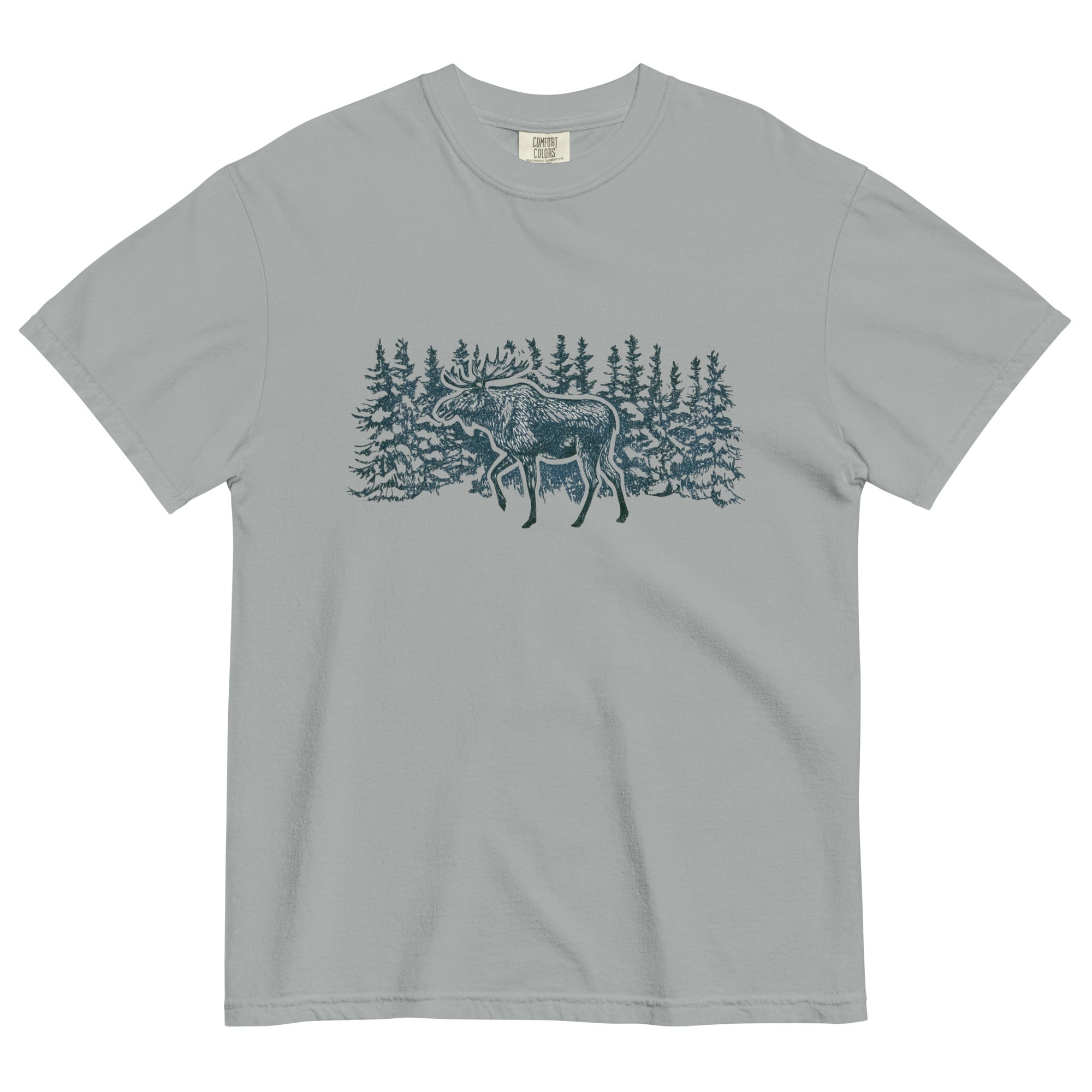 Moose in the winter woods design on a Granite garment-dyed cotton t-shirt