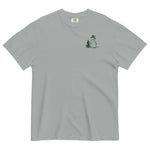 Snowman and pine tree design on a Granite garment-dyed cotton t-shirt