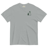 Snowman and pine tree design on a Granite garment-dyed cotton t-shirt