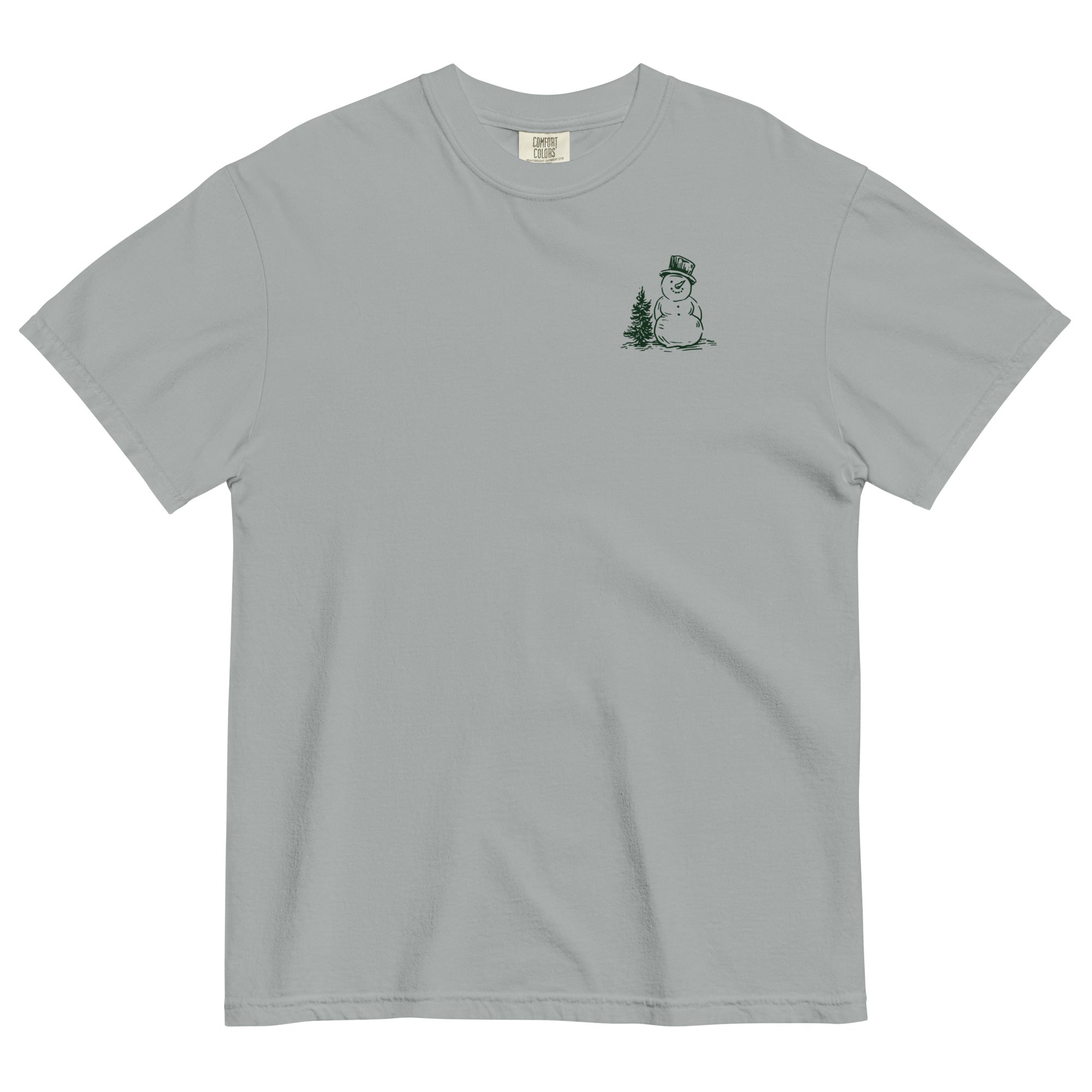 Snowman and pine tree design on a Granite garment-dyed cotton t-shirt