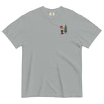 Elf and pine tree design on a Granite garment-dyed cotton t-shirt