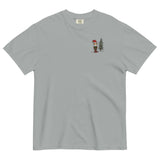 Elf and pine tree design on a Granite garment-dyed cotton t-shirt