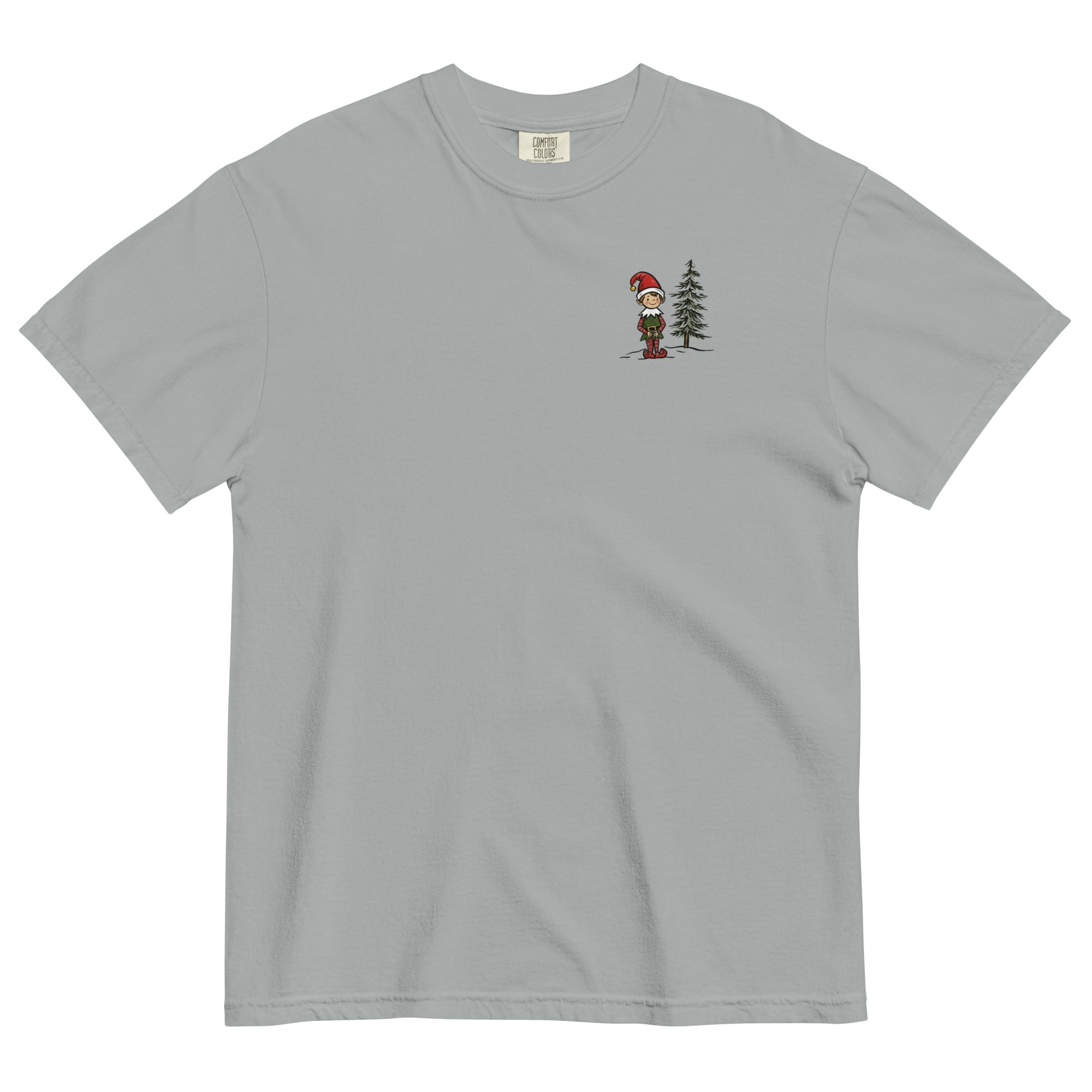 Elf and pine tree design on a Granite garment-dyed cotton t-shirt