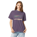Fox and northern lights design on a Grape garment-dyed cotton t-shirt