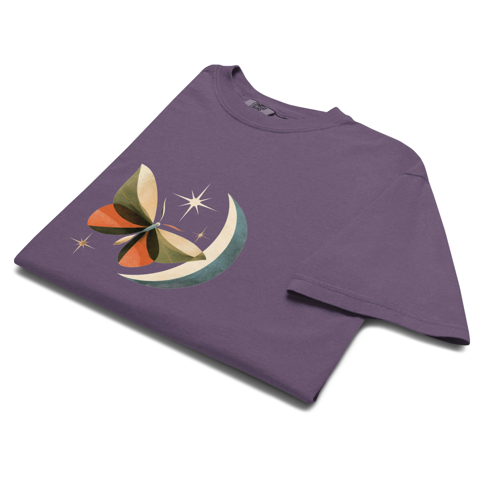 Butterfly and crescent moon design on a Grape garment-dyed cotton t-shirt