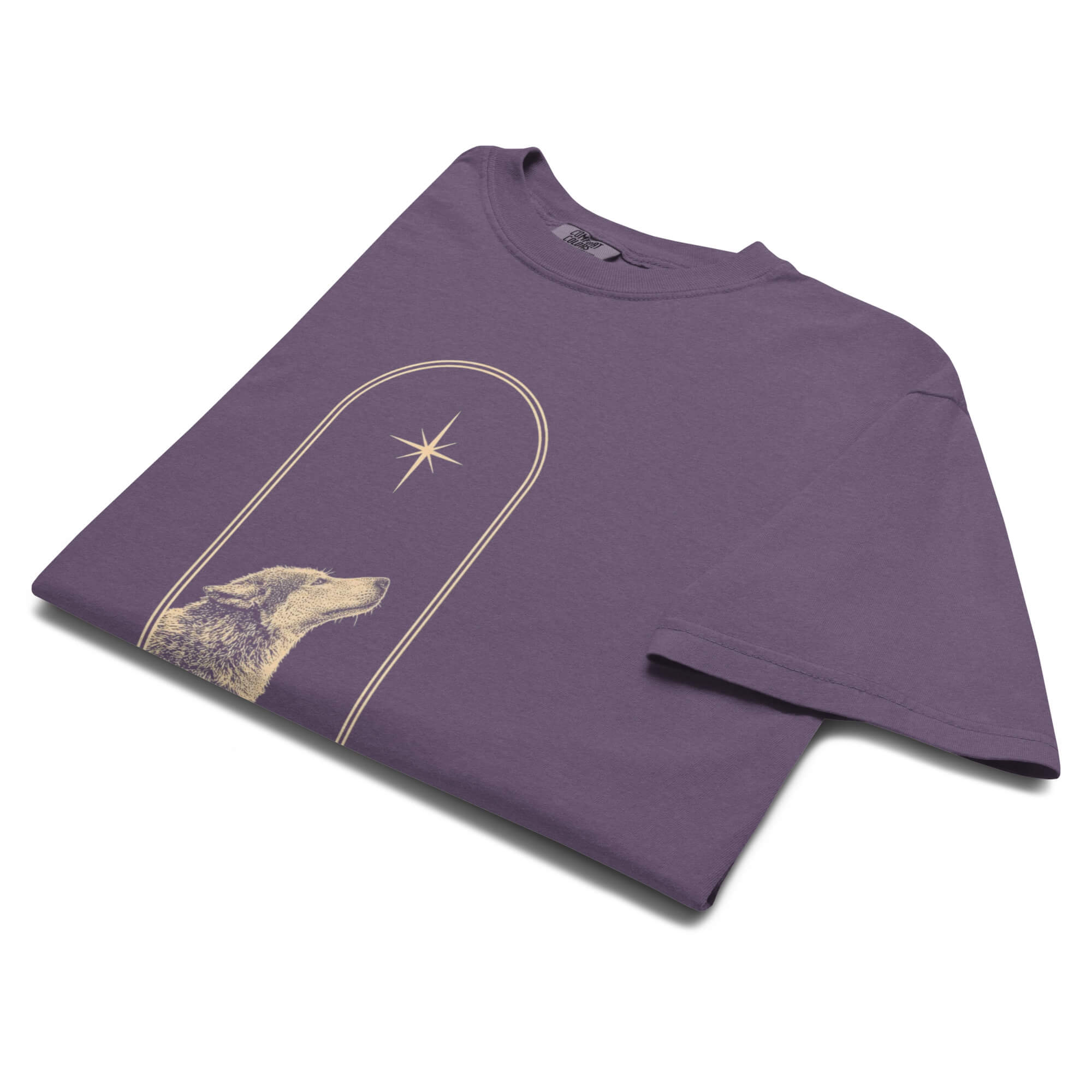Wolf and star design on a Grape garment-dyed cotton t-shirt