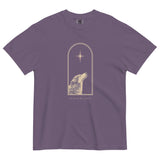 Wolf and star design on a Grape garment-dyed cotton t-shirt